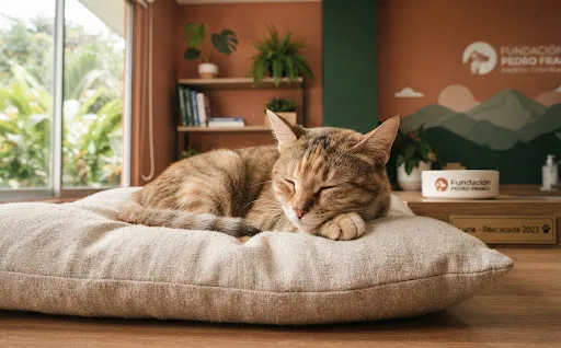 Gato rescatado descansando durante su recuperación